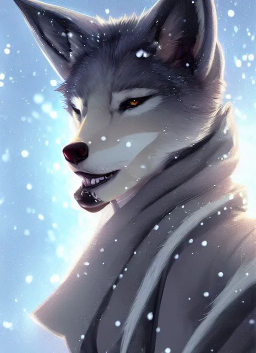 Prompt: beautiful portrait of a female anthro wolf fursona wearing jedi robes in a snow cyberpunk city. character design by charlie bowater, ross tran, artgerm, and makoto shinkai, detailed, soft lighting, rendered in octane