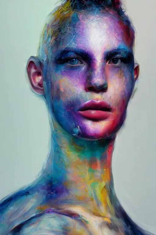 Image similar to hyperrealism oil painting, close - up portrait of face from a tangle of snakes fashion model, knight, street art gradient mixed with nebula sky, in style of baroque