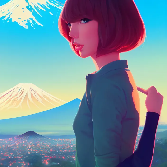 Image similar to portrait of taylor swift, mount fuji background, rich vivid colors, ambient lighting, dynamic lighting, 4 k, hq, official media, anime key visual, makoto shinkai, ilya kuvshinov, lois van baarle, rossdraws, detailed, trending on artstation