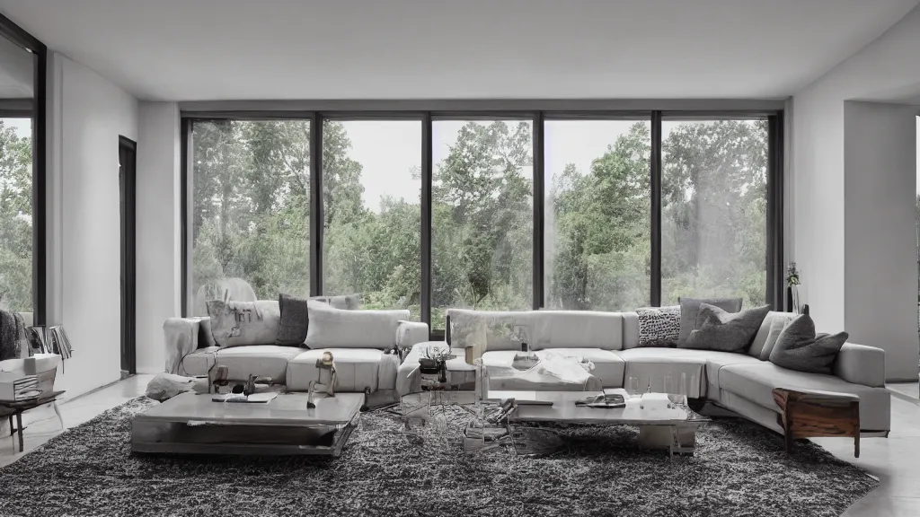 Prompt: hyper realistic image of a living room with a sofa in the middle and large window behind, concrete, glass, wood