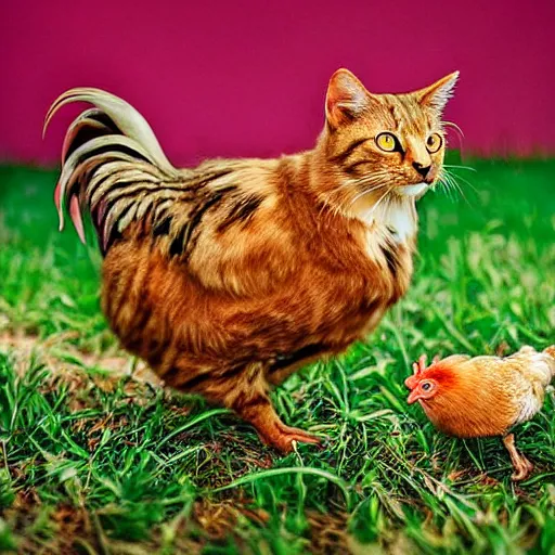 Prompt: hybrid of a cat and a chicken, wild species photography, vivid colors, award-winning