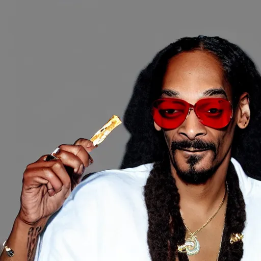 Image similar to Snoop Dog with big eyes eye color red , smiling and holding a joint in his hand