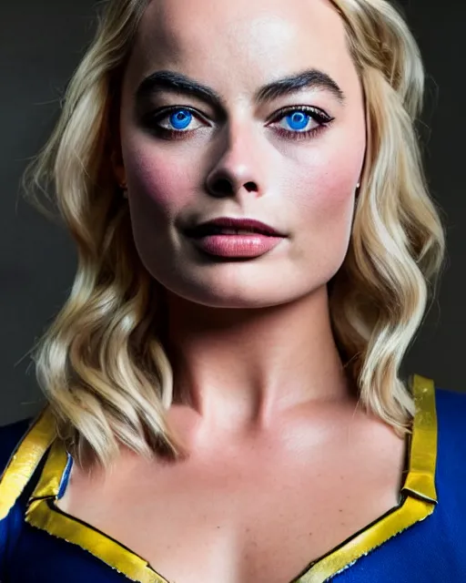 Image similar to A portrait of a margot robbie in a cosplay uniform, piercing eyes, highly detailed, bokeh, professional photograph, full body shot 4K, HD