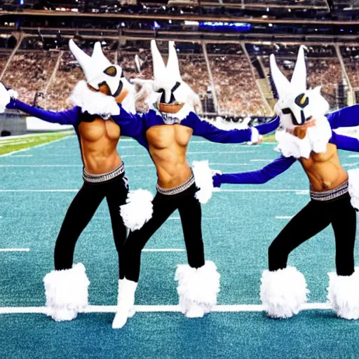 Prompt: Three anthropomorphic goats, dressed as Dallas cowboys cheerleaders, doing a kickline at AT&T stadium on the football field