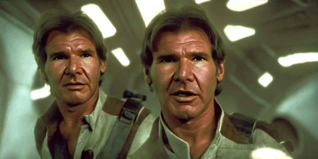 Image similar to a full color still of Harrison Ford as Han Solo on the bridge of a ship, dressed in an admirals uniform, cinematic lighting, 1999, directed by Steven Spielberg, 35mm