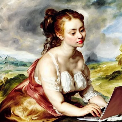 Image similar to heavenly summer sharp land sphere scallop well dressed lady working on her laptop auslese, by peter paul rubens and eugene delacroix and karol bak, hyperrealism, digital illustration, fauvist, looking at her imac laptop