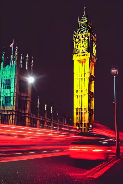 Prompt: neon streets of london big ben, 4 k, award winning photo