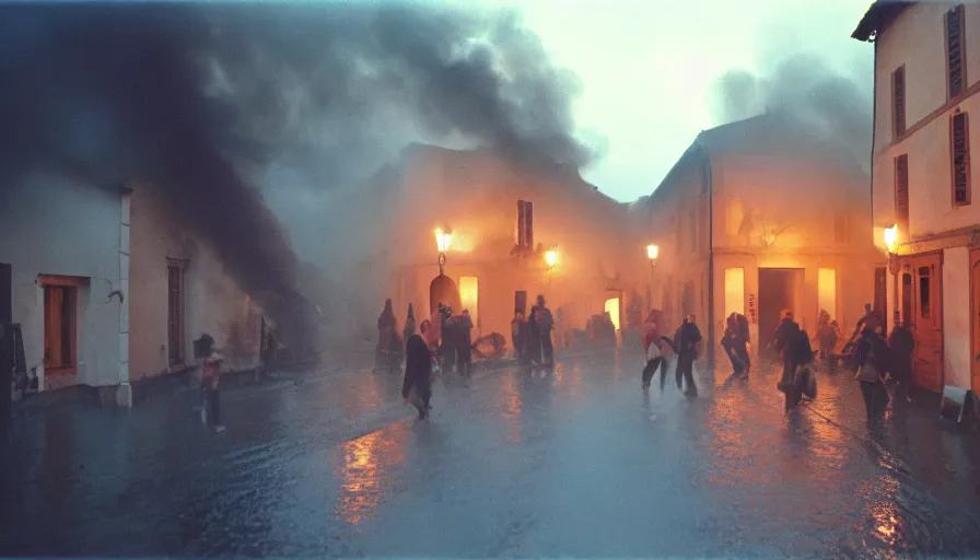 Image similar to 1 9 7 0 s movie still of a heavy burning french style townhouse in a small french village by night, rain, heavy smoke, people running, cinestill 8 0 0 t 3 5 mm, heavy grain, high quality, high detail, dramatic light, anamorphic, flares