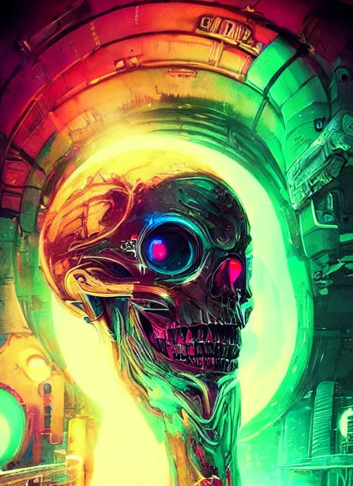 Image similar to a futuristic skull with glowing eyes and a wormhole tunnel cyberpunk art by android jones, cyberpunk art by beeple!!!!, featured on artstation, darksynth, synthwave