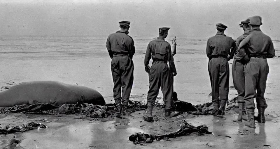 Image similar to 1940s photo, long shot, 5 soldiers looking at a huge creature washed up on a beach