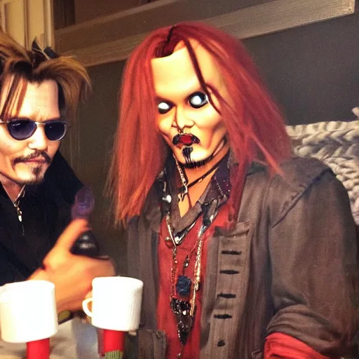 Image similar to Johnny Depp hanging out with Chucky the killer doll