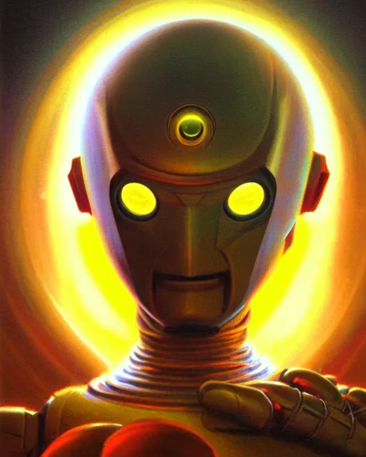 Image similar to zenyatta from overwatch, character portrait, portrait, close up, vintage fantasy art, vintage sci - fi art, radiant light, caustics, by boris vallejo