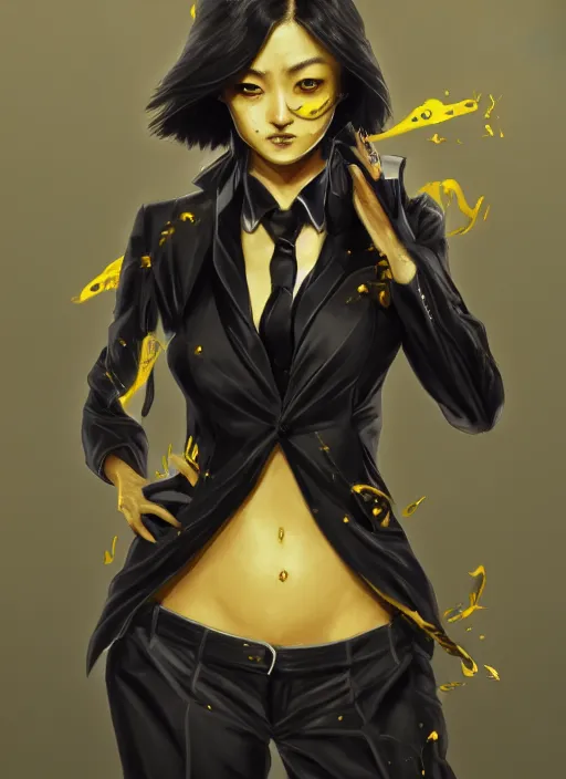 Image similar to a highly detailed illustration of meisa kuroki wearing black suit and tie with coattails, yellow eyes, dramatic pose, intricate, elegant, highly detailed, centered, digital painting, artstation, concept art, smooth, sharp focus, league of legends concept art, wlop.