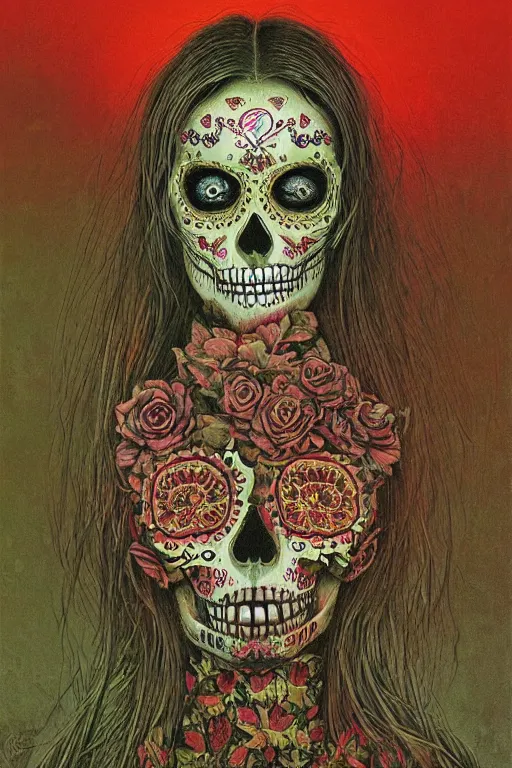 Image similar to Illustration of a sugar skull day of the dead girl, art by Zdzislaw Beksinski