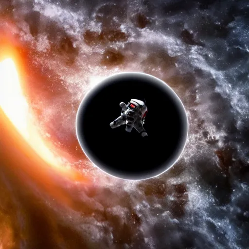 Prompt: an ultra detailed back shot photo of an astronaut falling into a black hole