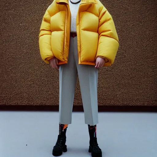 Image similar to realistic photoshooting for a new balenciaga lookbook, color film photography, portrait of a blonde asian woman, model wearing a puffer jacket, photo in style of tyler mitchell, 3 5 mm,