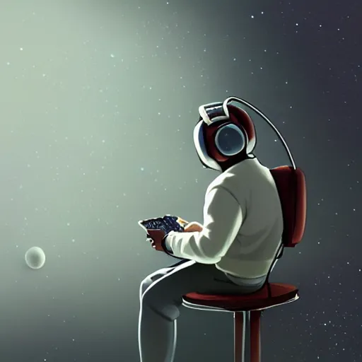 Image similar to medium shot of male wearing headphones sitting on the moon, calm, soothing, relaxed, cosy, quiet, elegant, cybernetic, glows, digital painting, Hayao Miyazaki, realism,