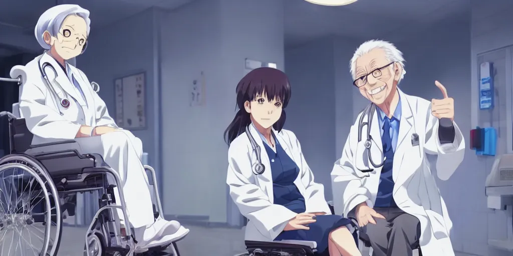 Image similar to a cute young female doctor wearing white coat, an old man of 80 years in a wheelchair, hospital ward, slice of life anime, cinematic, realistic, anime scenery by Naoshi Arakawa:8 and Makoto shinkai