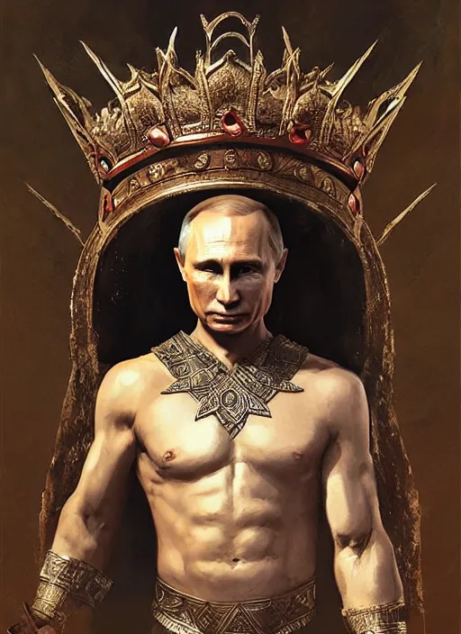 Image similar to vladimir putin as a magnificent beautiful greek god in a giant crown by greg rutkowski