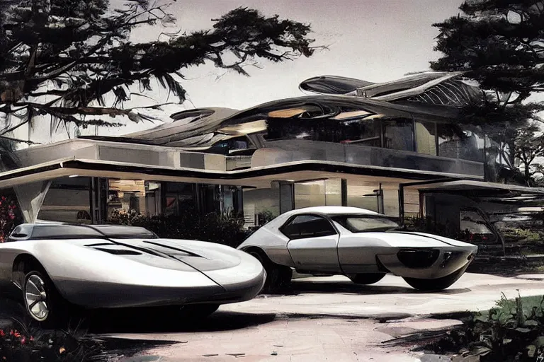 Prompt: retro futuristic car on driveway of futuristic house on hill, by syd mead, john berkey, jeremy mann, science fiction