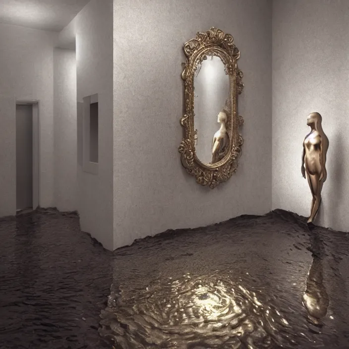 Image similar to hyperrealistic random objects in a surreal minimalistic dreamscape environment by salvador dali, enormous melting mannequin head statue, highly detailed, 3 d render, vray, octane, beautiful lighting, photorealistic, intricate, elegant, wayne barlowe, water, mirrors, doorway, beautiful, masterpiece, trending on artstation, artgerm, checkered floor