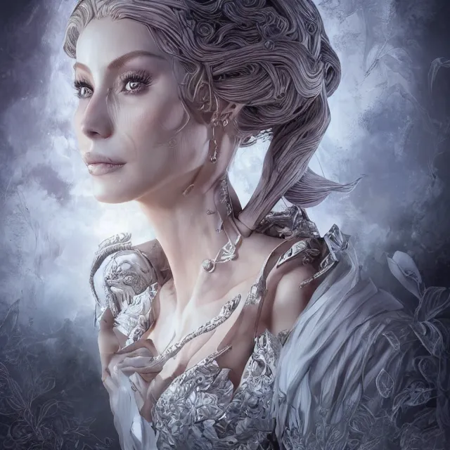 Image similar to the portrait of isabelledeltore as an absurdly beautiful, graceful, elegant, sophisticated, an ultrafine hyperdetailed illustration by kim jung gi, irakli nadar, intricate linework, bright colors, octopath traveler, final fantasy, unreal engine 5 highly rendered, global illumination, radiant light, detailed and intricate environment