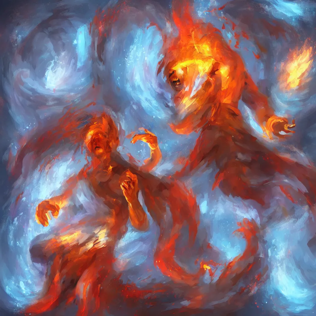 Prompt: a fire spirit chilling in a freezer, digital painting, illustration, high quality, fantasy