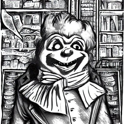 Prompt: a Pop Wonder scary horror themed goofy-hilarious-character Beethoven-wearing a scarf, dime-store-comic drawn with charcoal and pen and ink, half-tone-line-stacking