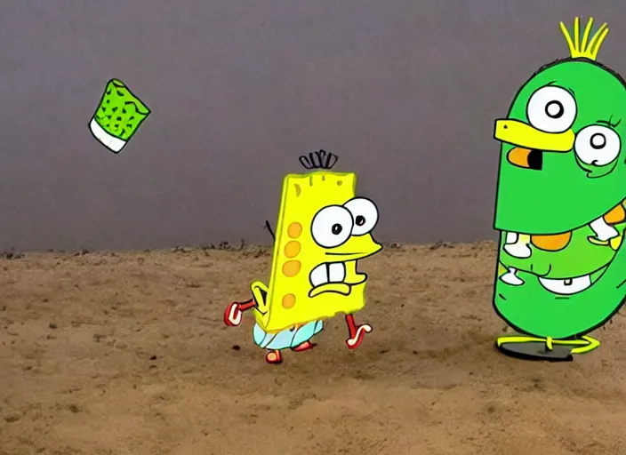 Image similar to a battle between a pickle and spongebob