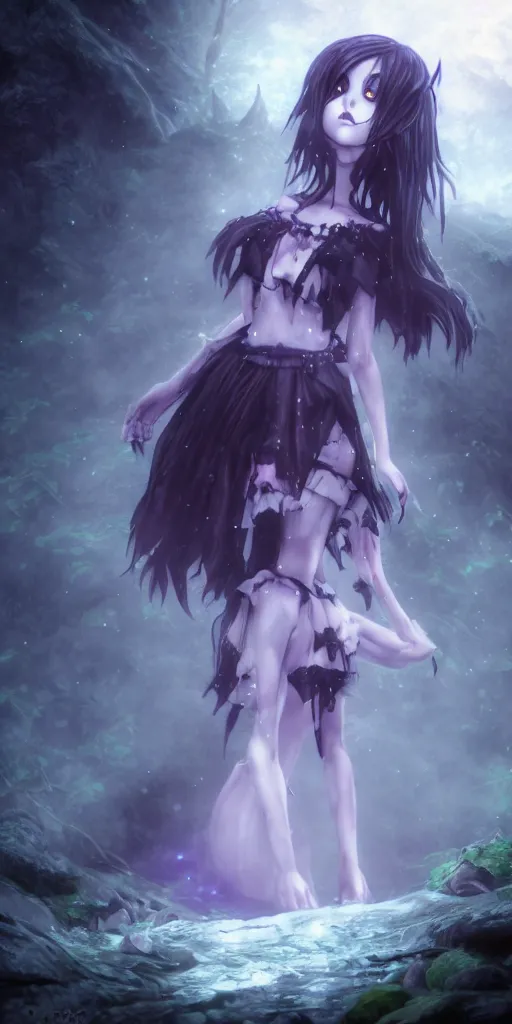 Prompt: full shot portrait of angry darkness cute anime girl under waterfall at moonlight, gothic wearing, inspired by Tim Burton, Norihiro Yagi, Marc Simonetti, Amano, Juri Misaki, detailed, unreal engine 4k volumetric light, fog, purple color palette