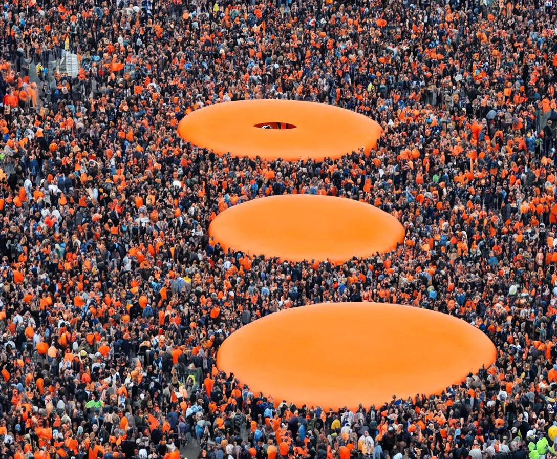 Prompt: a huge orange ring which is used for transport, in front of it are many people that want to travel with it, they have to hop on a giant moving floor to reach the ring