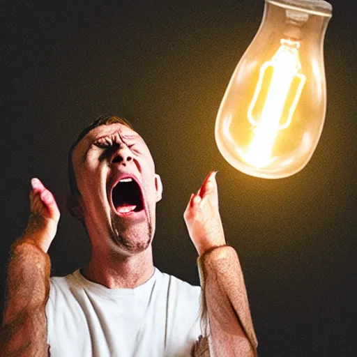 Image similar to a screaming man captured in a lightbulb