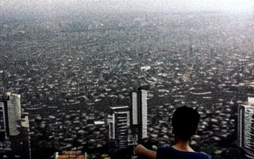 Image similar to A Filipino teenager flying above Metro Manila, 35mm film, ethereal, rule of thirds by Iwai Shunji