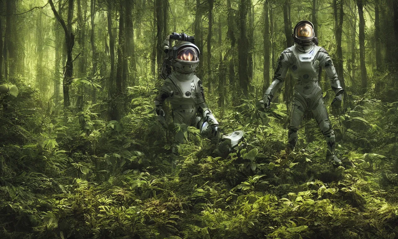 Prompt: prometheus astronaut in the forest with plants environment ,wide angle low, cinematic atmospheric lighthing, octane render, by craig mullin,