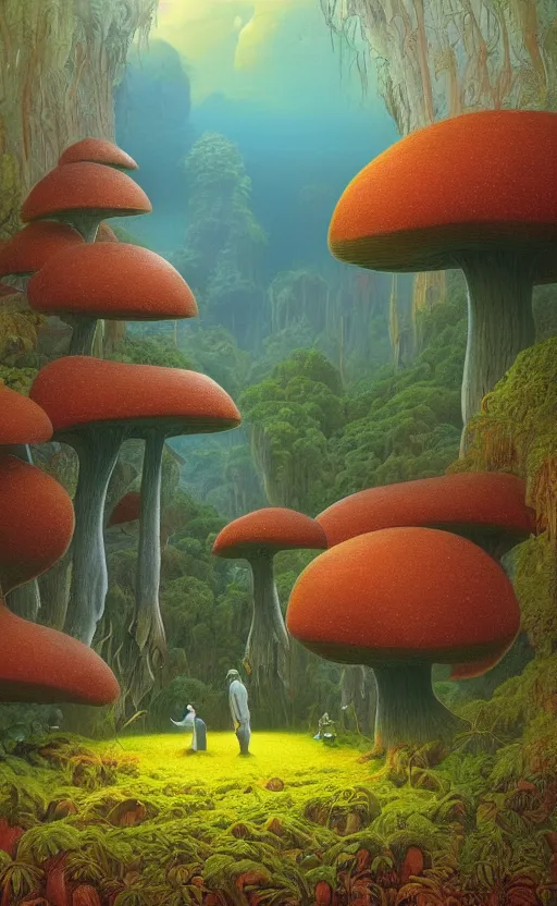 Prompt: breathtakingly beautiful ultrawide angle colour masterpiece dream by roger dean and greg hildebrandt and kilian eng and jean giraud and beeple and studio ghilbi, mushroom forest, arch, lake reflection, secret overgrown massive house, cloaked person in boat looking over their shoulder, incredible sense of depth and perspective and clarity, weird abstract, 8 k