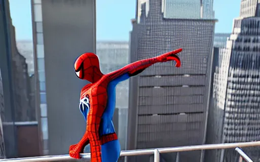 Image similar to spider - man on top of a building in new york watching the sunset, unreal engine 5, render, cg society