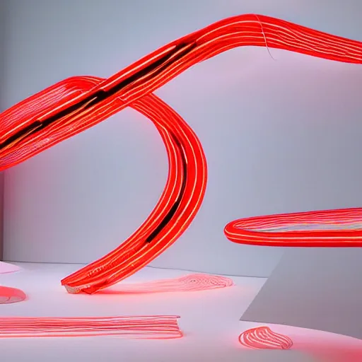 Image similar to zaha hadid design wrapped around by glowing tubes and cables, short black curly hair, glowing red