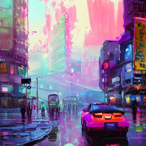 Image similar to acrylic painting, impressionism and expressionism, strong emotional impact, bold pastel colors, expressive brushstrokes, puddles, an art deco streetscape lined with beautiful flowers, by liam wong and tyler edlin, trending on artstation