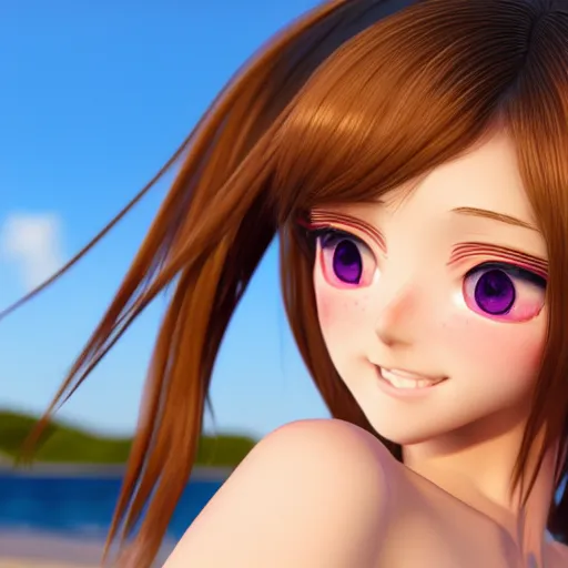 Image similar to Render of a very beautiful 3d anime girl, long hair, purple eyes, cute freckles, full round face, short smile, cute bikini, golden hour, serene beach setting, medium shot, mid-shot, highly detailed, trending on Artstation, Unreal Engine 4k