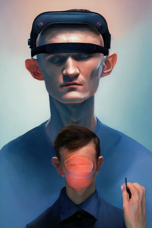 Image similar to Vitalik Buterin wearing oculus and Ethereum over his head Edward Hopper and James Gilleard, Zdzislaw Beksisnski, highly detailed