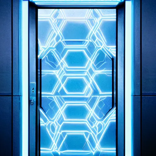 Image similar to a blue hexagonal door from the movie tron : legacy