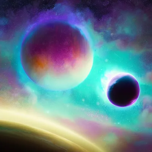 Image similar to a detailed matte painting of a marble - like planet orbiting a large purple sun in a sea of stars surrounded by colorful swirling gas clouds, by alena aenami, petros afshar and greg rutkowski trending on artstation, deviantart, planet, clouds, earth, exoplanet, stars, nubulae hubble, 8 k, 4 k