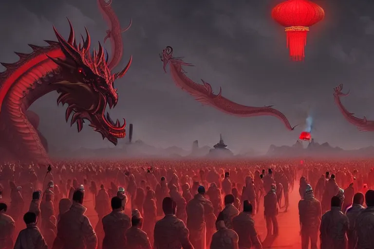 Prompt: lined up crowd is marching toward the chinese palace, big red dragon flying above them, dark atmosphere, light above palace, digital art, trending on artstation