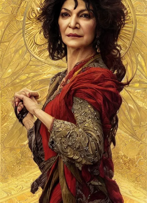 Image similar to Shohreh Aghdashloo as feisty Iranian woman, tasteful portrait, intricate, elegant, highly detailed, centered, digital painting, artstation, concept art, smooth, sharp focus, illustration, art by artgerm and donato giancola and alphonse mucha