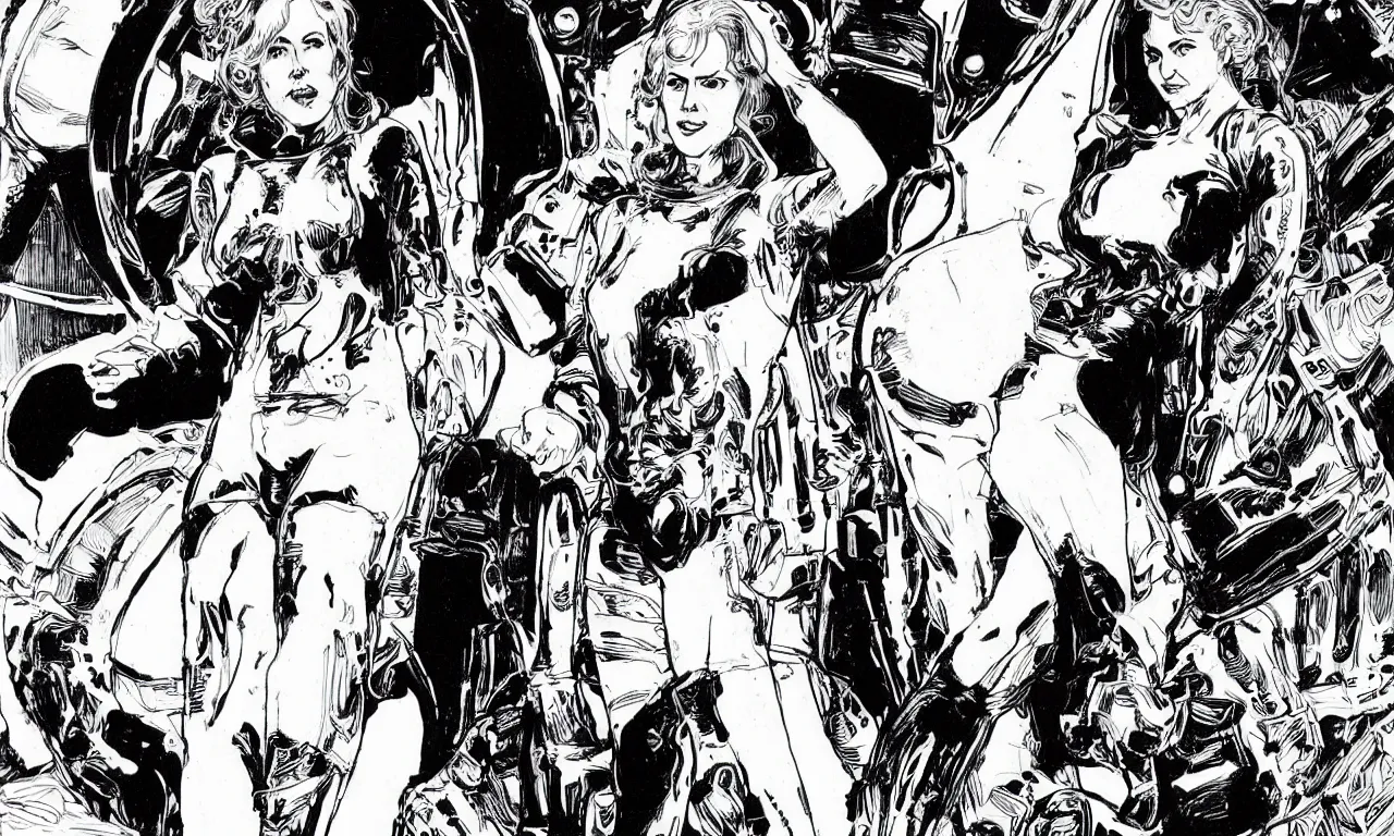 Image similar to black and white comic book art of nicole kidman taking charge in an astronaut suit, jung gi kim, mark schultz, bernie wrightson, jim lee, alphonse mucha