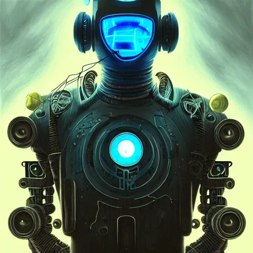 Image similar to low angle shot of a cyberpunk gazmask robot character wearing a gazmask, chernobyl, radioactiv sign, intricate, elegant, highly detailed, centered, digital painting, artstation, concept art, smooth, sharp focus, illustration, artgerm, Tomasz Alen Kopera, Peter Mohrbacher, donato giancola, Joseph Christian Leyendecker, WLOP, Boris Vallejo