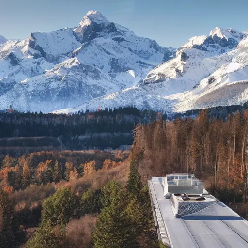 Image similar to an expansive view of a futuristic containment building with a road leading up to it in a forested valley and snow - capped mountains in the distance, national geographic, hyper realistic, 4 k, dusty light