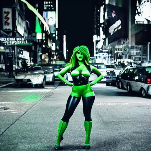 Image similar to Jessica Nigri as She Hulk on the street in New York City at night, Lights are on down the street, light fog in the backround, cinematic, realistic, detailed, portrait, green skin