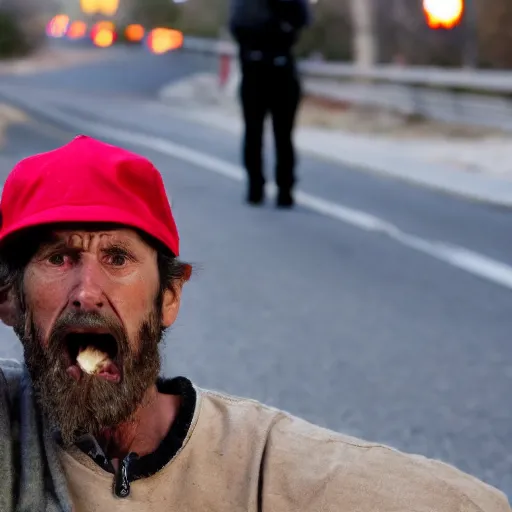 Image similar to a homeless angry man wearing mario's hat pointing the middle finger at the camera, on the side of a road, he is sitting on a sleeping bag.