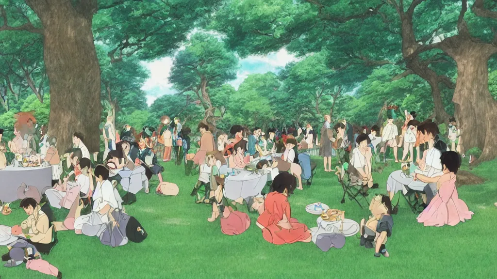 Image similar to a birthday party in a park in new york, studio ghibli